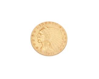 1121
A 1911 Indian Head Gold Quarter Eagle Coin
Featuring a Native American Chief and a Standing Eagle
Measures: 3/4 in.
4.17 grams gross
Estimate: $250 - $350