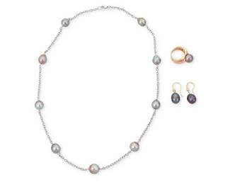 1027
A Group of Gold and Colored Cultured Pearl Jewelry
Including a white gold and stationed gray cultured pearl necklace, a bi-color gold and gray cultured pearl ring together with a pair of yellow gold and gray cultured pearl earrings
4 pieces
Necklace: 23 in., Ring: 5, Earrings: 1 1/4 in.
40.8 grams gross
Estimate: $600 - $800