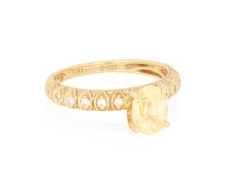 1123
An 18K Gold, Yellow Sapphire and Diamond Ring
Centering an oval yellow sapphire weighing approximately 0.98 carat accented by round diamonds
Size: 6 1/2
3.6 grams gross
Estimate: $700 - $900