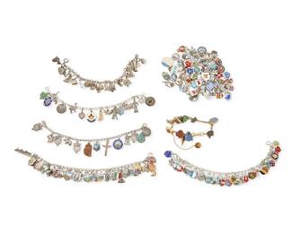 1175
A Group of Vintage Charms and Bracelets
Comprising six chain link charm bracelets, each with various souvenir or commemorative charms in sterling silver or mixed metal, most enamel shield charms from various European countries and cities, with other charms from various parts of the world including Canada, Australia, California, Oregon, and Washington, and a small gold-toned link bracelet with various sorority and academic pins, together with approximately 61 loose charms
6 plus 61 pieces approximately
Bracelets: 7 in. - 6 1/2 in.
301.3 grams gross
Estimate: $200 - $400