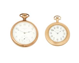 1133
Elgin: Two Gold-Filled Pocket Watches
Both of an open Railroad design featuring Arabic hour markers,
2 pieces
Size: 18s, 16s
Estimate: $300 - $500
