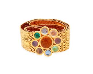 1155
CHANEL: A Vintage Pâte-de-verre Gold-tone Mesh Belt, 1996 Automne
With a multicolored Gripoix-style poured glass floral motif buckle set to a wide gold-toned metal mesh band, signed and dated to plaque on hook
Measures: 34 in. x 2 in.
252.1 grams gross
Estimate: $1,000 - $1,500