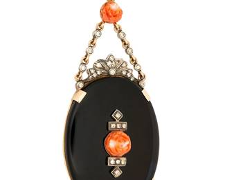 1019
A Gold, Silver, Onyx and Coral Pendant
Featuring a large oval onyx cabochon, centering a carved coral rose, accented by round diamonds
Measures: 2 3/4 x 1 1/4 in.
16.7 grams gross
Estimate: $1,200 - $1,500