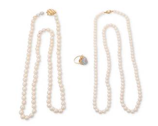 1035
A Group of 14K Gold and Cultured Pearl Jewelry
Including two long singles strands of cultured pearl measuring approximately 7.00-8.50 mm, finished with gold clasps together with a god and baroque pearl ring
3 pieces
Lengths: 39 and 39 in, Ring: 9 1/2
170.4 grams gross
Estimate: $800 - $1,200