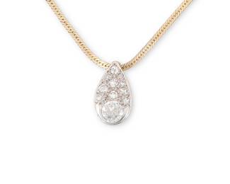 1088
A 14K Bi-Color Gold and Diamond Pendant Necklace
Of a tear drop design set with old European-cut diamonds weighing approximately 0.60 carat
Length: 16 in., Pendant: 1/2 in.
2.23 grams gross
Estimate: $500 - $700