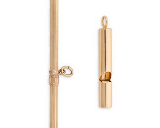 1116
Two Gold Accessories
Including a 14k gold whistle pendant together with a 10k gold and bloodstone pencil
2 pieces
Measures: 1 1/8in. and 3 1/4 in.
11.5 grams gross
Estimate: $400 - $600