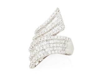 1083
An 18K White Gold and Diamond Ring
Of a bypass ribbon design featuring round and tapered baguette diamonds weighing approximately 5.13 carats
Size: 8
9.85 grams gross
Estimate: $800 - $1,200