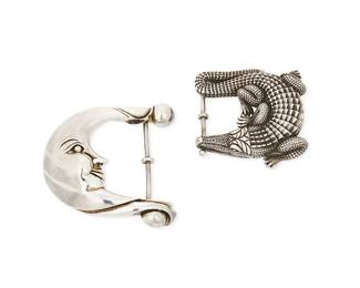 1182
Kieselstein-Cord: Two Sterling Silver Belt Buckles, 1988
Comprising a large silver alligator buckle (no. 481), as well as a large silver crescent moon buckle (no. 123), each with stud hook fastener; signed, numbered, and dated verso
2 pieces
Alligator: 3 3/8 x 3 5/8 in.; Moon: 4 in. x 4 in.
325.3 grams
Estimate: $500 - $700