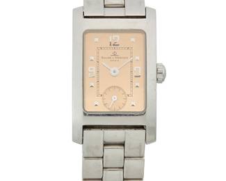 1141
Baume Mercier: A Stainless-Steel Watch
Dial: 14.70 mm, rectangular copper dial with Panerai hour markers
Model: mv045139
Case: 20.30 mm
Case number: 3194546
Closure: stainless steel butterfly clasp
Signed: dial, case and clasp, with original box
Inner circumference: 6 1/2 in.
66.7 grams gross
Estimate: $400 - $600
