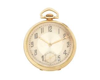 1136
Tissot: A 14K Gold Pocket Watch
Dial: round with arabic numerals
Model: 253208, 11094976
Case: 12k gold
Signed: movement, with gold-filled watch chain
Size: 18s
Estimate: $800 - $1,200