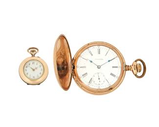1135
Two Gold Pocket Watches
Including a Waltham hunter case with an etched design, no. 6708147, together with an open face embellished pocket watch featuring a gold-filled watch chain
2 pieces
Size: 18s and 10s
Estimate: $300 - $500