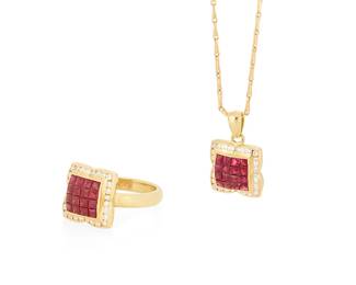 1057
An 18K Gold, Ruby and Diamond Necklace and Ring Set
Featuring invisibly set French-cut rubies accented by round diamonds
2 pieces
Size: 6 1/2, Pendant: 1/2 in., Chain 17in.
10.9 grams gross
Estimate: $600 - $800
