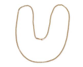 1129
A Gold Watch Chain
Of 9k gold featuring open round links finished with a dog clip style clasp, with English hallmarks
Length: 37 in.
38.5 grams gross
Estimate: $700 - $900