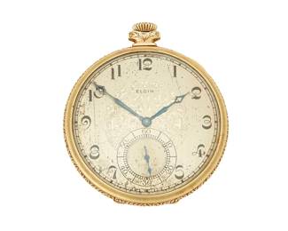 1132
Elgin: A 14K Gold Pocket Watch
Dial: Ornate Arabic hour markers with a subsidiary dial
Model:streamline
Case:28208987
Size: 18s
47.3 grams gross
Estimate: $1,000 - $2,000