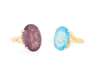 1060
Two 14K Gold and Gem-Set Rings
One centering an oval blue topaz, the other centering an oval amethyst
2 pieces
Sizes: 6 and 6 3/4
16.0 grams gross
Estimate: $500 - $700