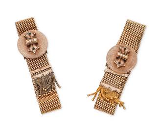 1018
A Pair of Victorian Gold Slide Bracelets
Featuring round medallions accented by black enamel and seed pearls of 12k gold finished with tassel accents
2 pieces
Measures: 7 in. with flexible length
87.2 grams gross
Estimate: $2,000 - $3,000