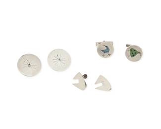 1174
Betty Cooke: A Collection of Sterling Silver Items
Comprising a pair of round earrings with star motif, a pair of abstract earrings, and a pair of cuff links with enamel bird motifs, each marked for artist and for sterling
6 pieces
Earrings: 1 in. Dia. & 3/4 in.; Cuff links: 3/4 in. Dia.
25.2 grams gross
Estimate: $400 - $600