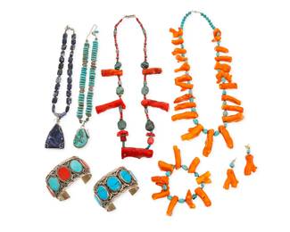 1166
A Group of Coral, Hardstone & Mixed Metal Jewelry
Comprising two chunky branch coral and turquoise necklaces, one with a matching stretch bracelet and pair of earrings, as well as an HDNY faux turquoise pendant necklace, a blue sodalite bead pendant necklace, and two mixed meatl cuffs with set blue and red stones, marked for Mexico
9 pieces
Necklaces: 28 1/2 in. to 20 in. L; Earrings: 2 in. H; Cuffs: 7 1/4 in. inner C x 1 1/8 in.
891.5 grams gross
Estimate: $200 - $400