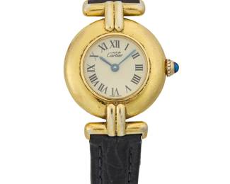 1142
Cartier: A Sterling Vermeil Must De Cartier Watch
Dial: 14.80 mm, round cream dial with Roman Numeral hour markers
Case: 23.30 mm
Case number: 014715, 59002
Closure: buckle clasp
Signed: dial and case with original box and paper
Inner circumference: 6 1/2 in.
20.3 grams gross
Estimate: $400 - $600