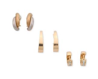 1089
A Group of Three Pairs of 14K Gold Earrings
Including a pair featuring bi-color gold and satin finish, a pair of graduated half oval hoop earrings and a pair of smaller round hoop earrings
6 pieces
Measures: 5/8 - 1 in.
15.4 grams gross
Estimate: $600 - $800