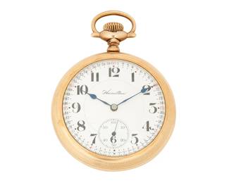 1134
Hamilton: A Gold Pocket watch
Dial: Arabic hour markers and a subsidiary dial
Model: 1021321, 23 jewel 25500
Case number: 5325500
Size: 18s
Estimate: $400 - $600
