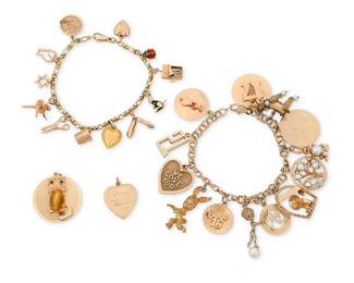 1005
Two Gold and Gem-Set Charm Bracelets
One including 12 charms, the other featuring 13 charms with two additional loose charms of animal, zodiac and anniversary motifs
Lengths: 7 1/2 in., 7 in.
83.3 grams gross
Estimate: $2,500 - $3,500