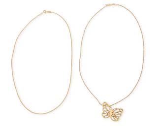 1099
An Angela Cummings Gold Pendant and Tiffany & Co. Chain
Including an 18k butterfly pendant, signed Cummings and T & Co. 1982 suspended from a 14k gold chain together with an 18k gold open link chain signed Tiffany & Co.
3 pieces
Lengths: 18 in.
13.1 grams gross
Estimate: $800 - $1,200