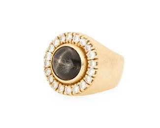 1012
A 14K Gold and Black Star Diopside Ring
Centering a round black star diopside cabochon weighing approximately 6.30 carats, encircled by round diamonds weighing approximately 0.80 carat
Size: 7 1/4
19.95 grams gross
Estimate: $1,000 - $2,000