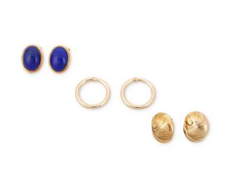 1047
A Group of Gold and Hardstone Earrings
Including three pairs of 14k gold earrings, one set with oval lapis lazuli cabochons
6 pieces
Measures: 3/4 - 1in.
23.8 grams gross
Estimate: $800 - $1,200
