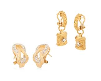 1113
Two Pairs of 14K Gold and Diamond Earrings
Including a pair of a knot design set with round diamonds together with a pair of half oval hoops with removable gold and diamond element
4 pieces
Measures: 3/4 in. and 1 1/4 in.
19.9 grams gross
Estimate: $800 - $1,200