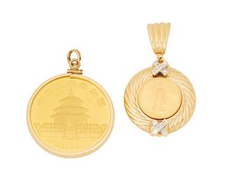 1095
Two Gold Coin Pendants
Featuring a 1/10 troy oz Chinese Gold Panda 24k gold coin set in a 14k gold frame together with a 22k gold 1997 Liberty Coin in a 14k gold mount
2 pieces
Measures: 1 3/4 in. and 1 7/8 in.
44.4 grams gross
Estimate: $3,000 - $5,000