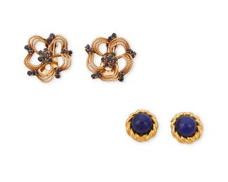 1125
Two Pair of Gold and Gem-Set Earrings
One pair of a14k gold floral design accented by round sapphires together with a pair of 18k gold featuring round lapis lazuli cabochons
4 pieces
Measures: 1/2 in. and 1 in.
19.8 grams gross
Estimate: $1,000 - $2,000
