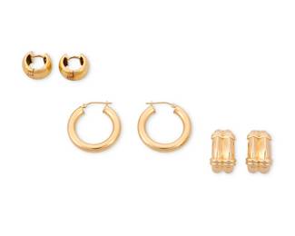 1091
A Group of 14K Gold Earrings
Featuring a pair of hoops, a pair of knife edge half hoops and a pair of high polish huggie earrings
6 pieces
Measures: 1/2 - 1 in.
17.7 grams gross
Estimate: $600 - $800
