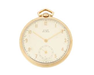 1130
Elgin: A Gold-Filled Pocket Watch and Gold Chain
Dial: round with Arabic hour markers and subsidiary dial
Model: De Luxe
Closure: screw back, monogrammed "R Denne"
Signed:dial, with 24 in. 12k gold chain
Size: 18s
76.0 grams gross
Estimate: $1,500 - $2,500