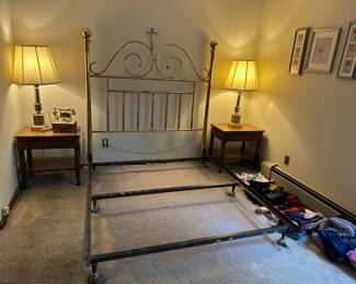 Brass Bed Frame, Pair of Nightstands, Pair of Lamps, Rotary Telephone