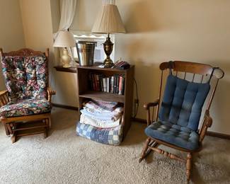 Platform Rocker, Books, Blankets,, Lamp, Rocking Chair