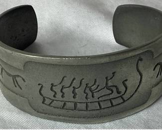Vintage Norwegian Rock Carving Pewter Cuff Bracelet Made in Norway