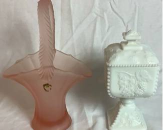 Westmoreland Grouping - Milk Glass Pedestal Compote 8" H and Pink Frosted Glass Basket 10.5" H