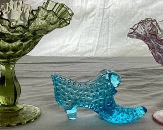 Vintage Fenton Collection - Colonial Pink Thumbprint Footed Compote 6" Wide , Green Thumbprint Ruffled Compote 8" Wide and Hobnail Blue Cat Head Shoe