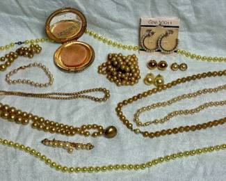 Vintage Stratton Powder Compact, Faux Pearl Necklaces, Earrings and Pin
