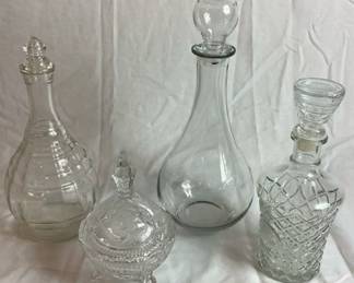 Bundle of Vintage Decanters and 3 Footed Crystal Bowl with Lid