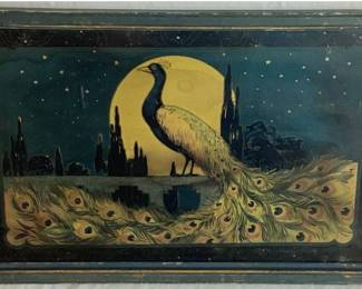 Vintage Art Deco Peacock Over the Moon Reverse Painted Art Cocktail Serving Tray