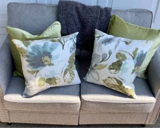 Nailhead Trim Loveseat with Pier 1 Throw Pillows and Blanket