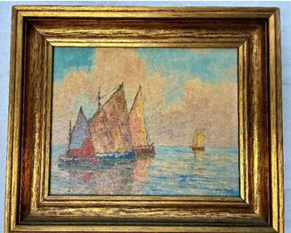 Original Gold-Framed Oil Painting by B. Major - Fishing Boat Landscape 13.5" x 11.5"