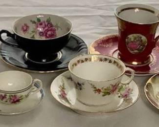 Collection of Vintage Teacups and Saucers with One Porcelain Tea Bag Holder