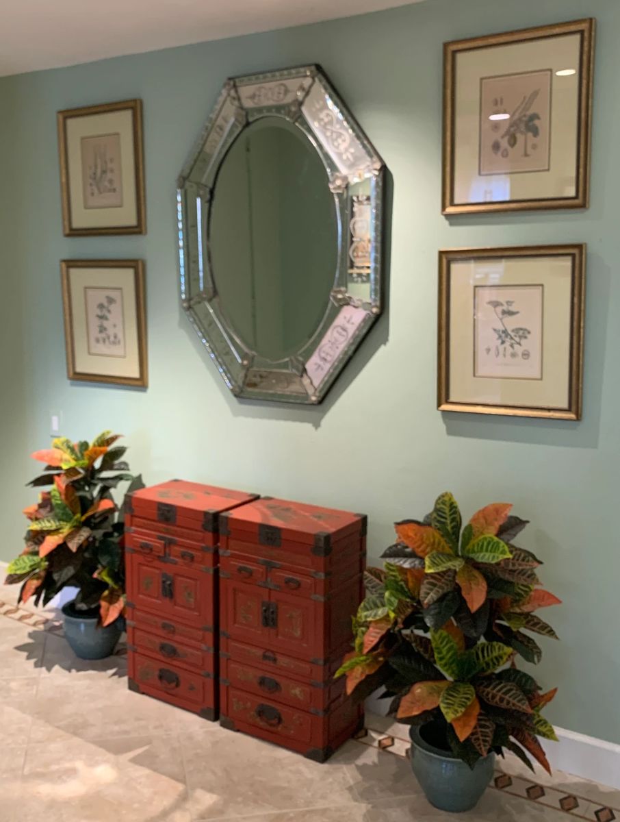 Antique French Etched Octagonal Mirror, Two Vintage Chinese Red Lacquer Cabinets, Four Vintage Botanical Prints
