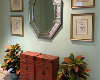 Antique French Etched Octagonal Mirror, Two Vintage Chinese Red Lacquer Cabinets, Four Vintage Botanical Prints