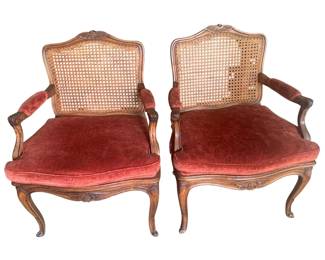 Pair of Beautiful Pair of French Regency Oak Arm Chairs with Cane Back and Seat (the seat has been covered with a fabric cushion.)