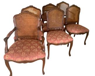 Early 20th Century Antique Louis XV French Provincial Style Walnut Caned Chairs and Armchairs, Pomegranate Fabric