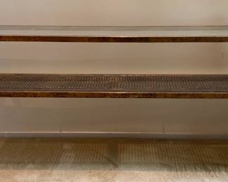 Gilt Metal Entry Table with Glass Top and Woven Cane Second Tier